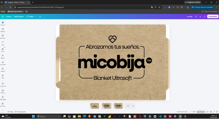 La etiqueta de Micobija abierta en el editor de Canva.