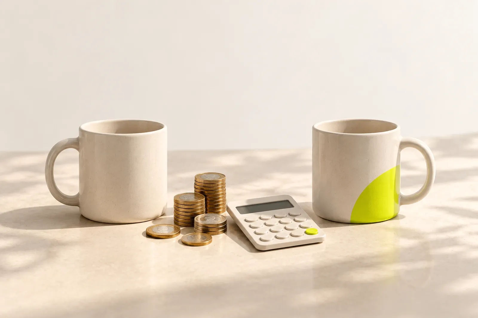 Dos tazas iguales, una con un detalle verde lima, junto a monedas y una calculadora