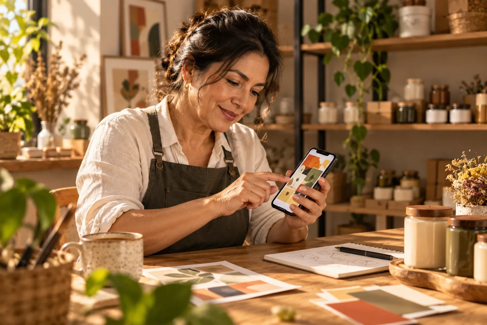 Persona diseñando en su celular en una mesa de café, con una libreta de bocetos al lado
