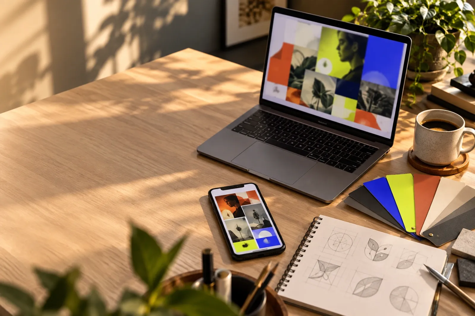 Mesa de trabajo creativa con laptop, celular, muestras de color y bocetos de logos