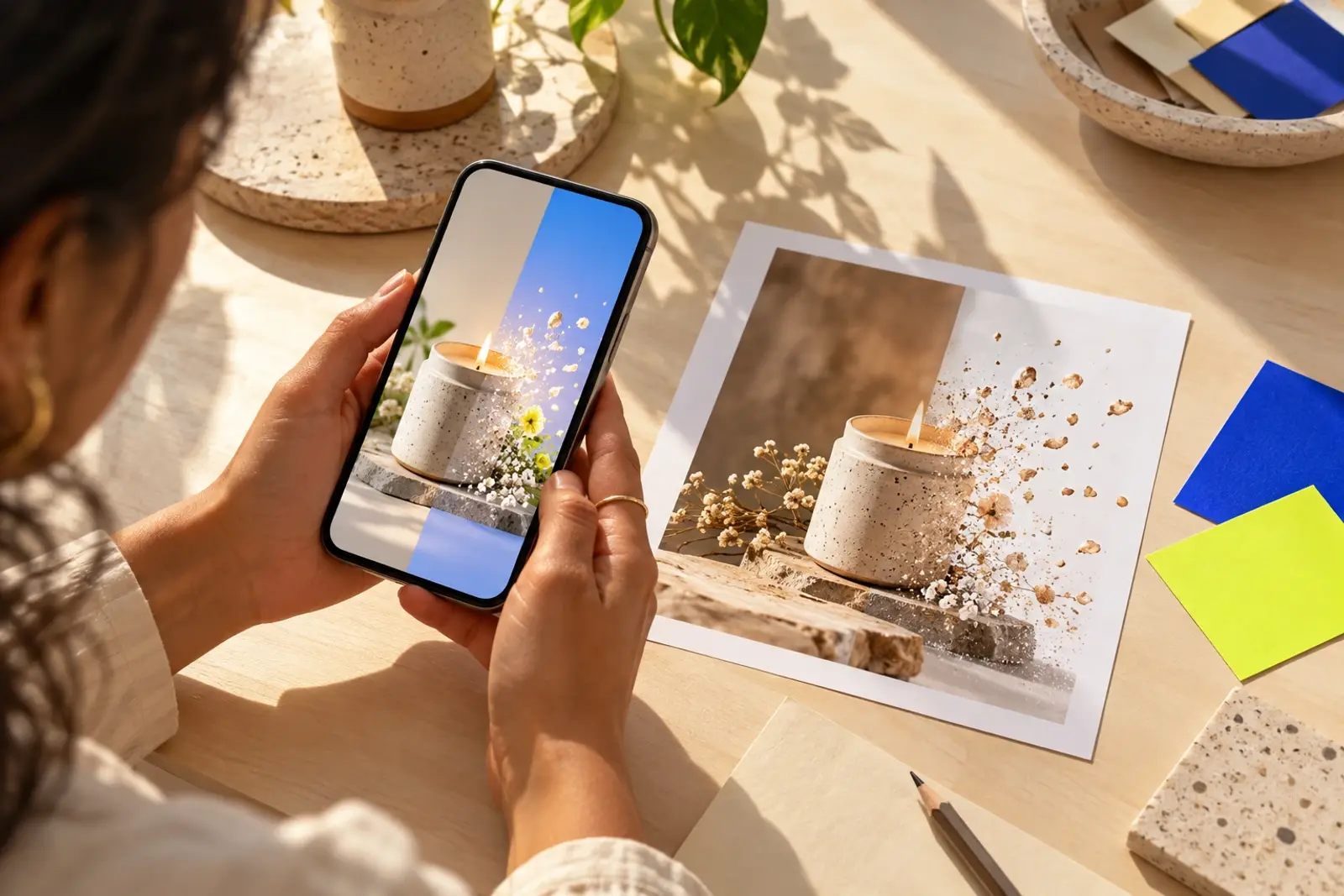 Manos sosteniendo un celular que muestra una foto de producto con el fondo desvaneciéndose
