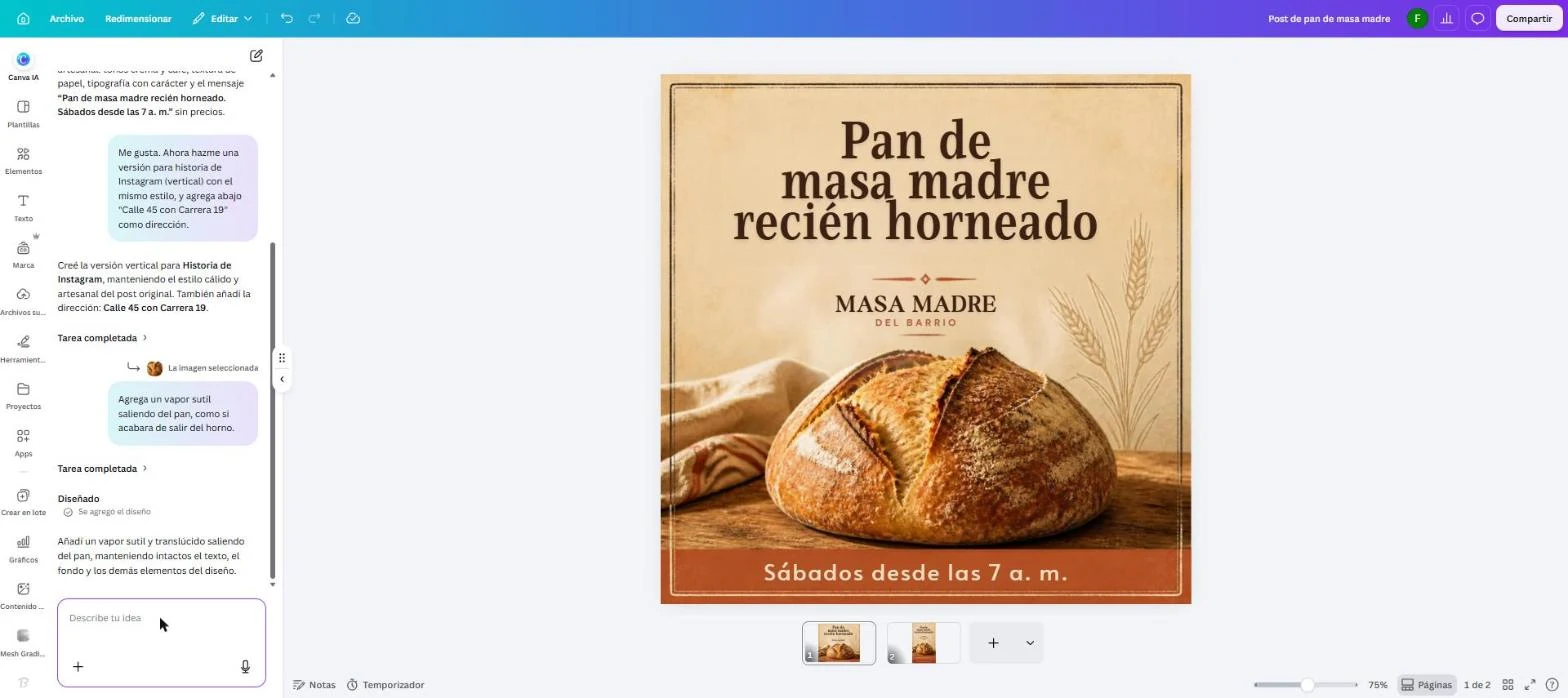 Chat de Canva IA dentro del editor con la respuesta "Añadí un vapor sutil y translúcido saliendo del pan, manteniendo intactos el texto, el fondo y los demás elementos del diseño"