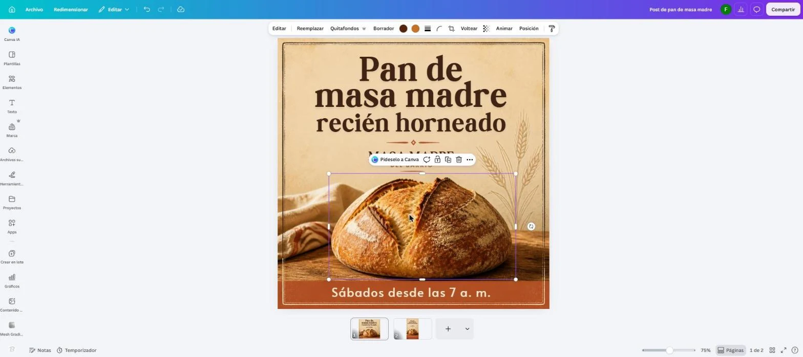 Editor de Canva con la foto del pan seleccionada como capa independiente y el botón "Pídeselo a Canva" sobre ella
