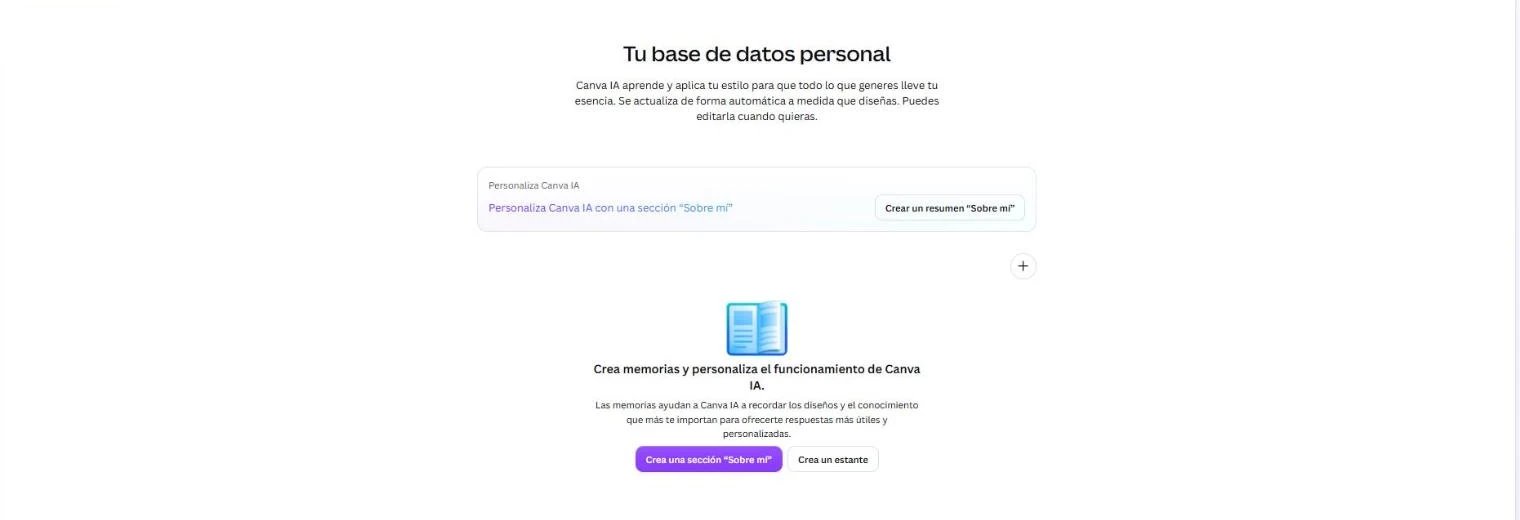 Pantalla Memoria de Canva IA con los botones "Crea una sección Sobre mí" y "Crea un estante"