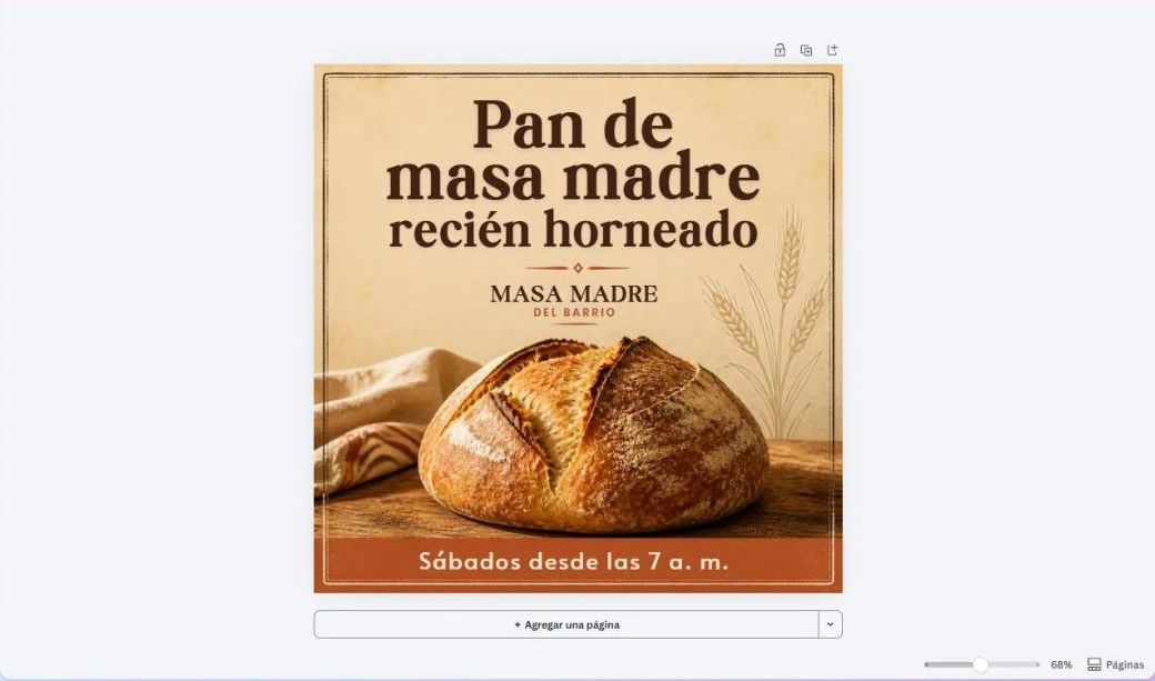 Post generado por Canva IA: "Pan de masa madre recién horneado", logo Masa Madre del Barrio, foto de un pan sobre una mesa de madera y franja "Sábados desde las 7 a. m."