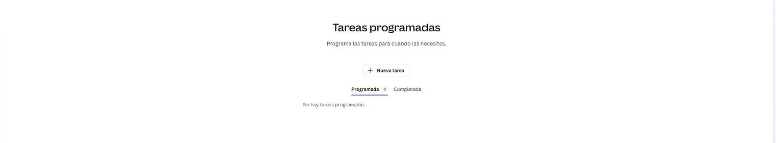 Pantalla Tareas programadas de Canva IA con el botón "Nueva tarea"