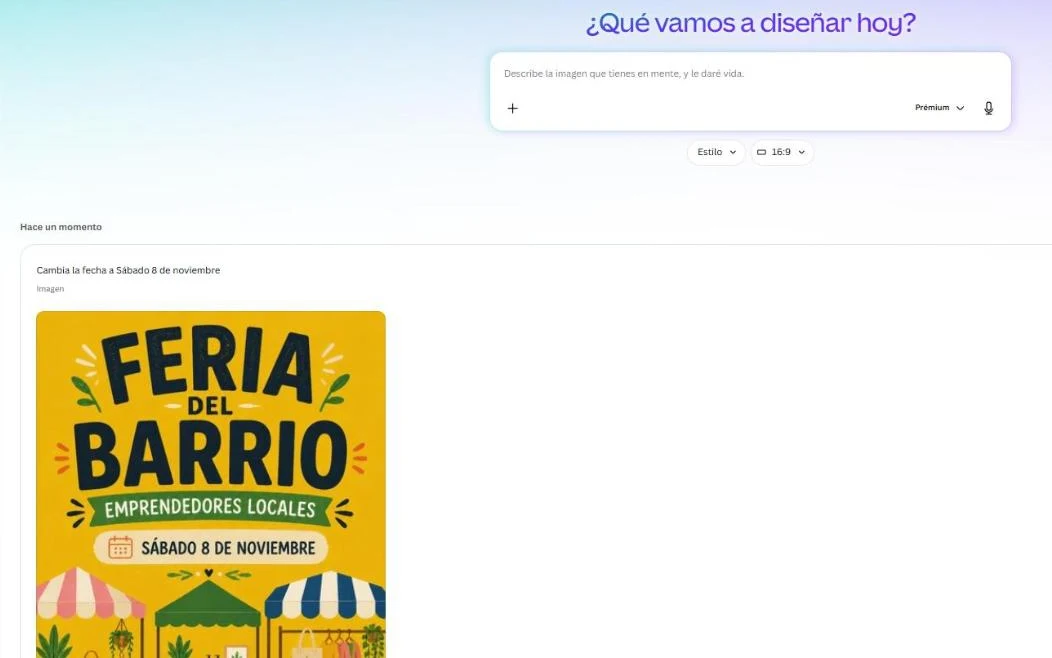 Resultado del cambio en Dream Lab: el mismo afiche de la Feria del Barrio ahora con la fecha "Sábado 8 de noviembre"