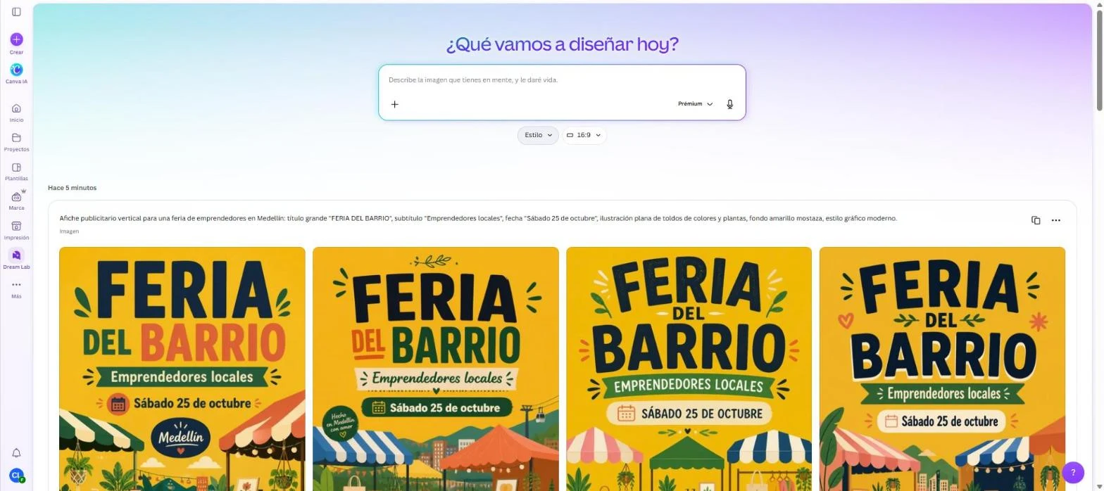 Dream Lab con cuatro afiches generados de "Feria del Barrio, Emprendedores locales, Sábado 25 de octubre" sobre fondo amarillo mostaza con toldos y plantas