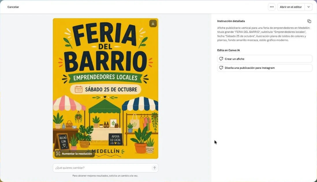 Vista ampliada de un afiche de Dream Lab con la instrucción detallada, el botón "Abrir en el editor" y el cuadro "¿Qué quieres cambiar?"