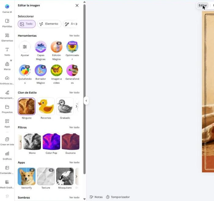 Panel "Editar la imagen" de Canva con las herramientas Ajustar, Capas Mágicas, Edición Mágica, Optimizador, Quitafondos, Borrador Mágico, Imagen a video y Generafondos
