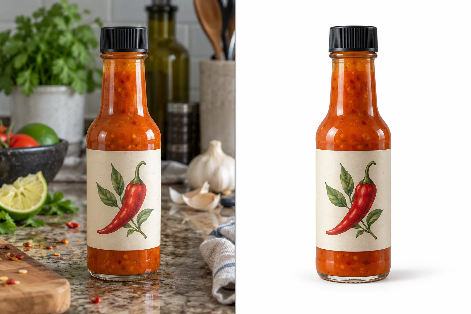 Botella de salsa artesanal: a la izquierda en una cocina desordenada, a la derecha recortada sobre fondo blanco con sombra suave