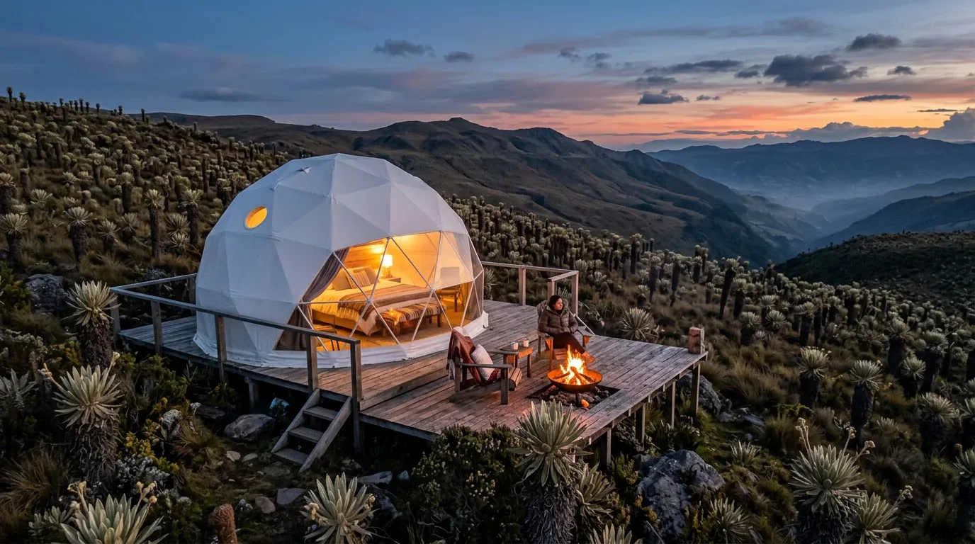Domo de glamping en el páramo con frailejones al atardecer