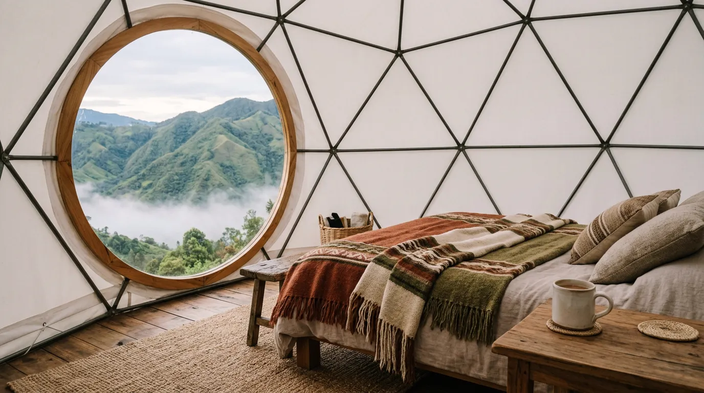 Interior del Domo Cielo: cama doble con cobijas de lana tejida y ventana redonda hacia montañas con niebla