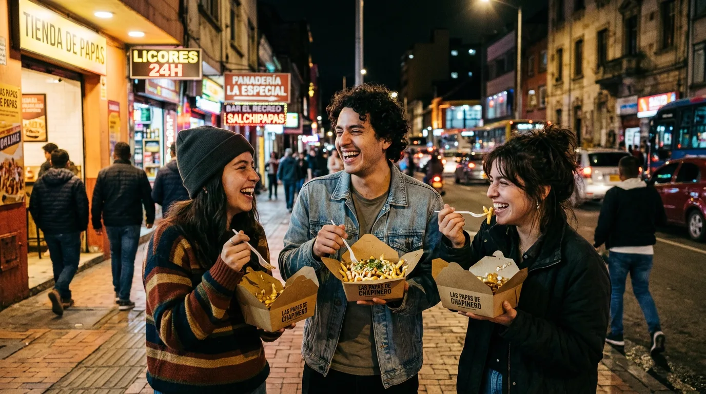 Grupo de amigos compartiendo papas en una calle de Chapinero de noche