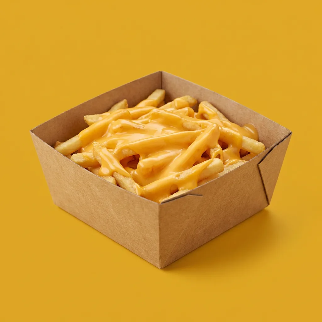 Caja de cartón con papas fritas solas sobre fondo mostaza