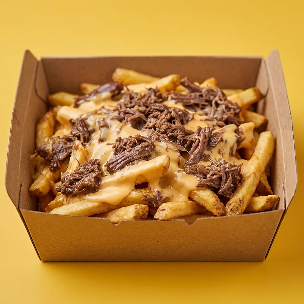 La misma caja con queso fundido y carne desmechada