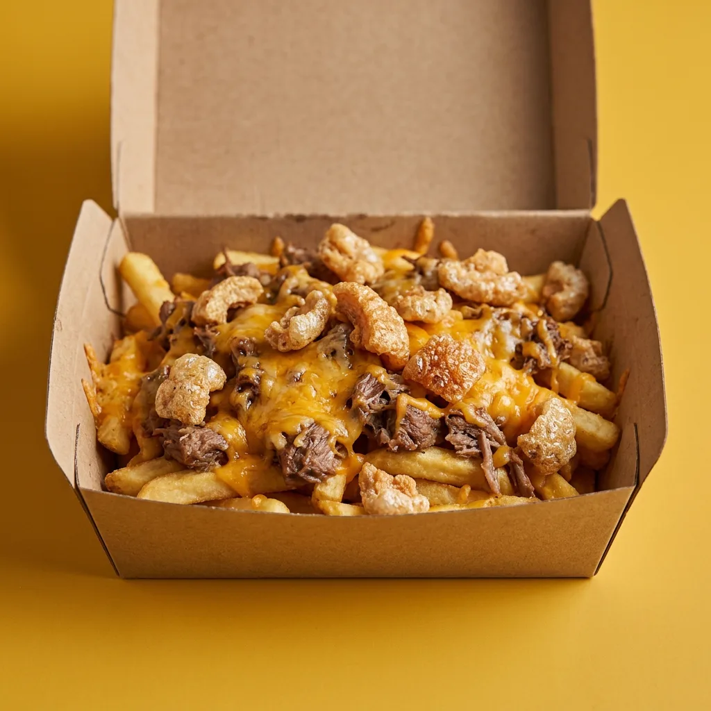La caja con queso, carne y chicharrón