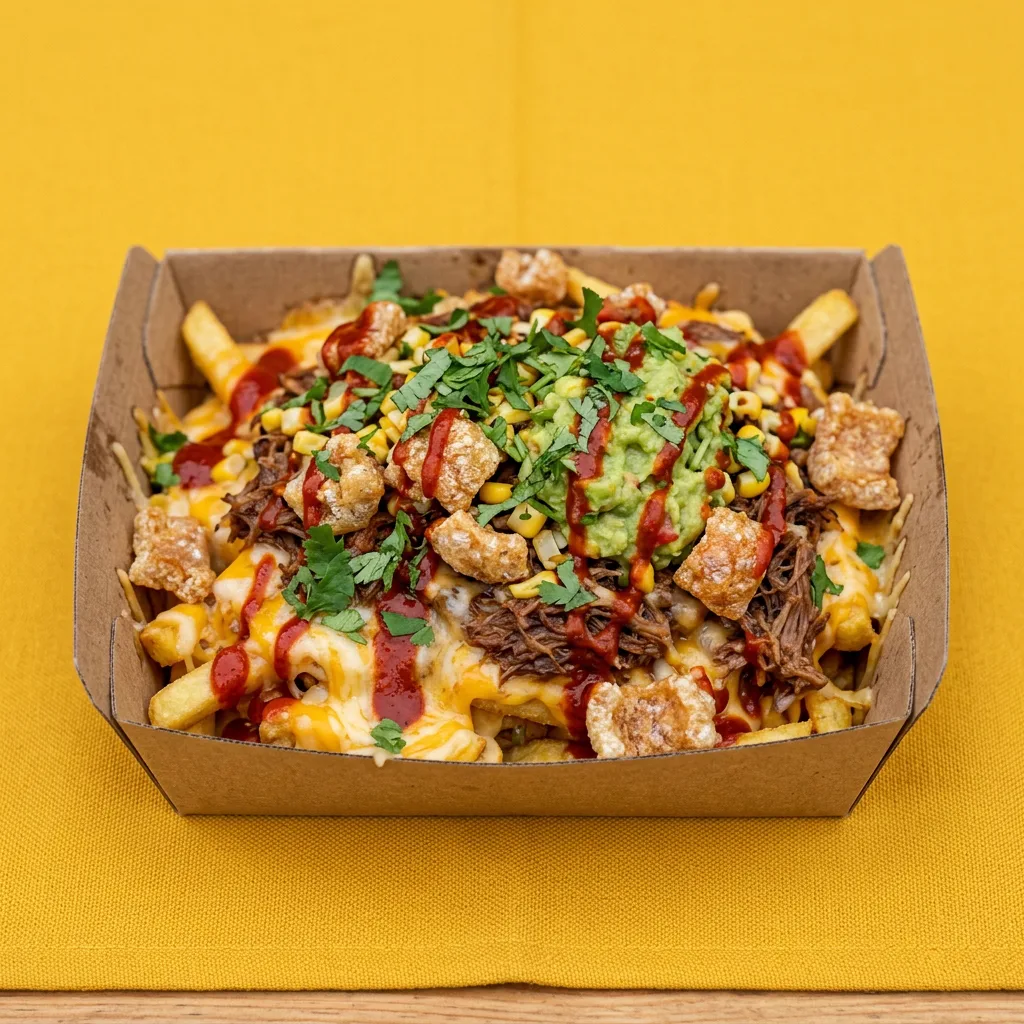 La caja cargada con queso, carne, chicharrón, maíz, guacamole, salsa roja y cilantro