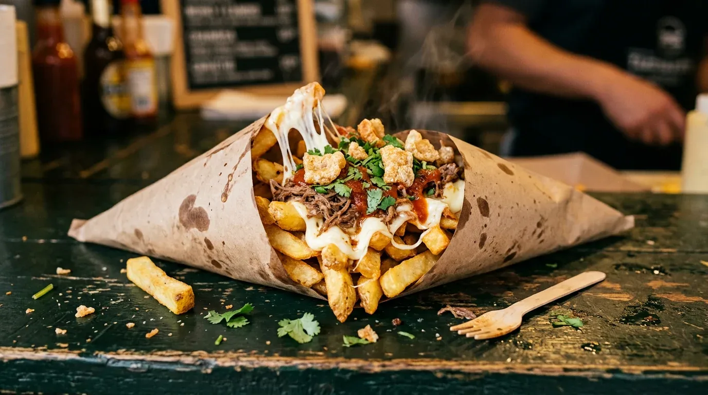 Cono de papel con papas belgas y salsa