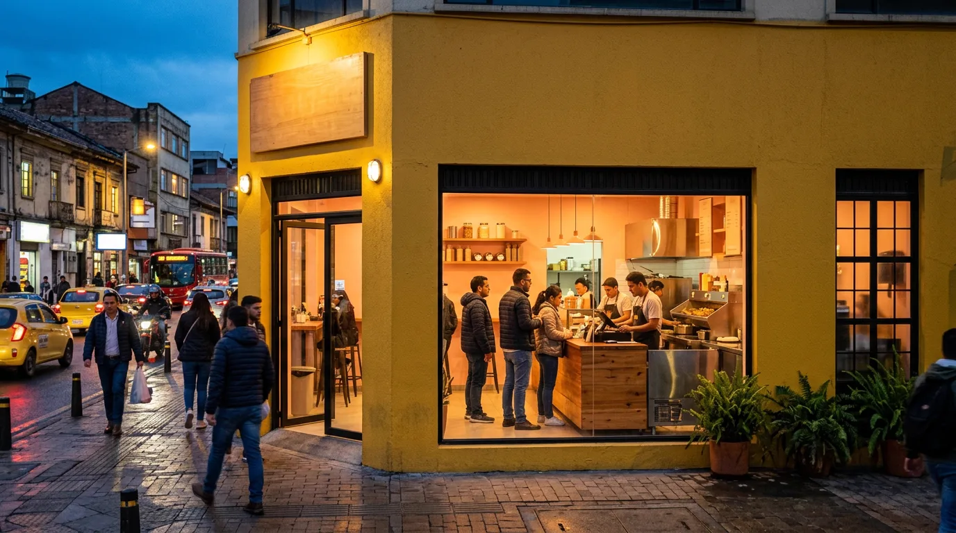 Fachada mostaza del local Doble en una esquina de Bogotá