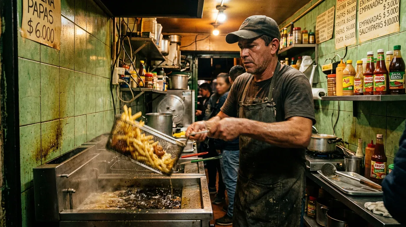 Cocinero levanta la canasta de papas recién fritas del freidor
