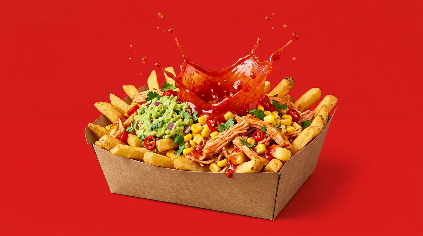 Caja de papas con guacamole y salsa roja salpicando sobre fondo rojo