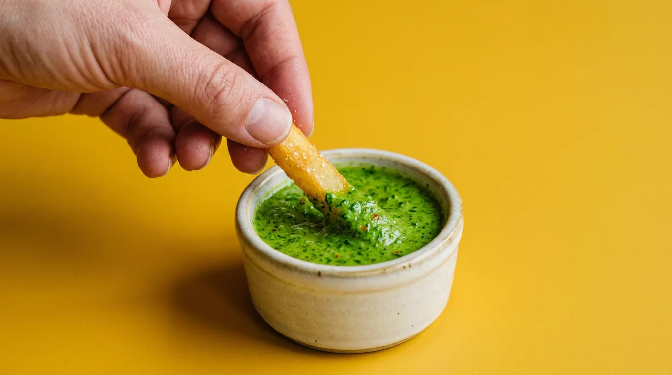Mano mojando una papa frita en salsa verde de la casa