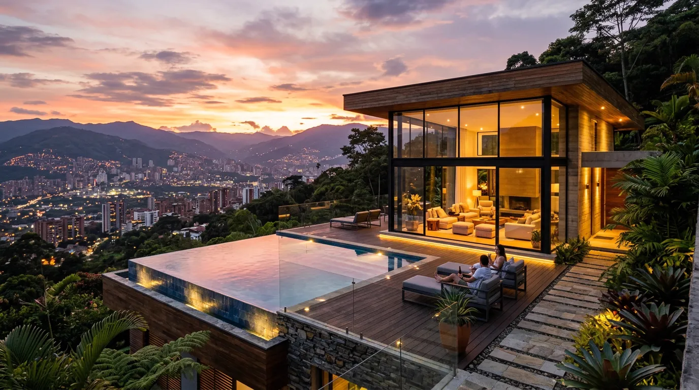 Casa moderna con piscina sobre Medellín al atardecer