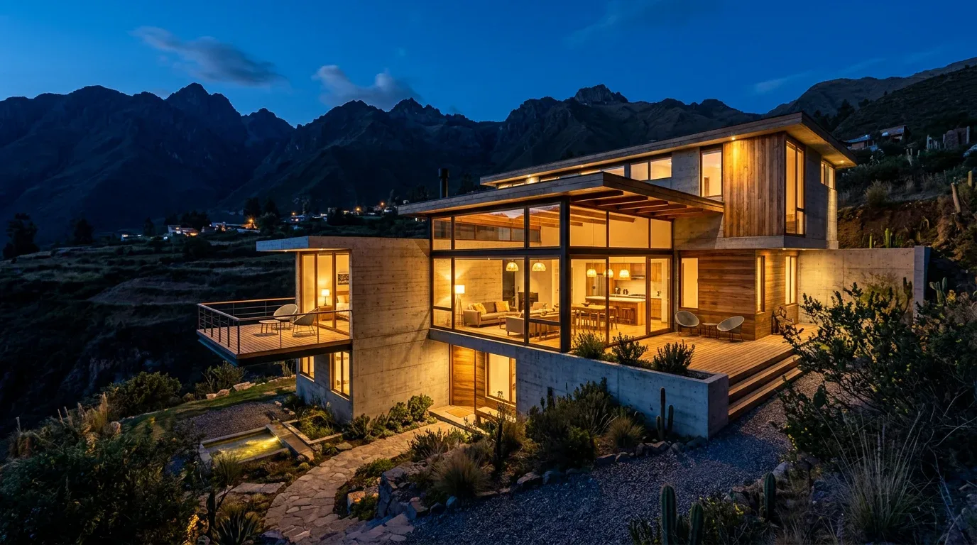 Casa moderna en la montaña con las ventanas iluminadas al anochecer