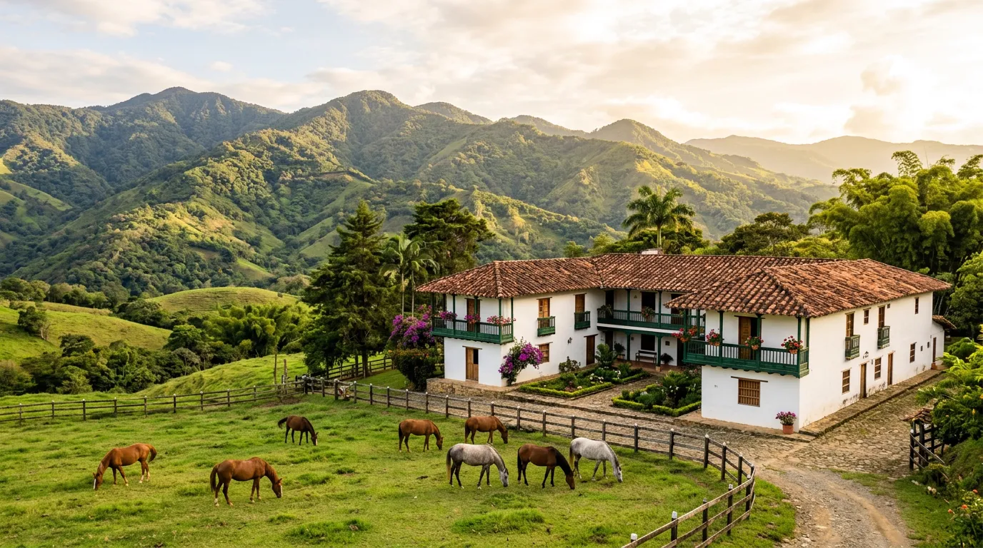 Hacienda antioqueña blanca con balcones verdes y caballos pastando frente a las montañas