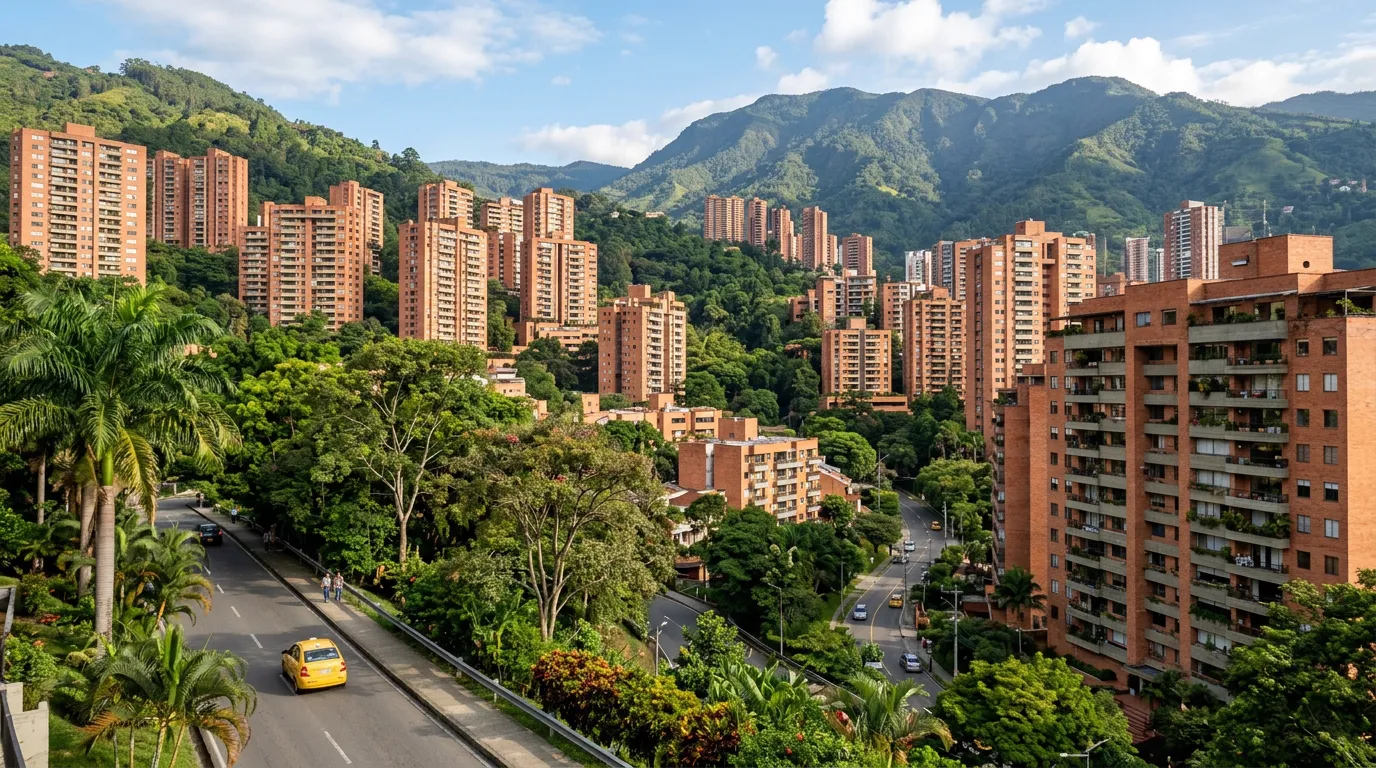 Torres de apartamentos de ladrillo en El Poblado, Medellín, sobre la montaña