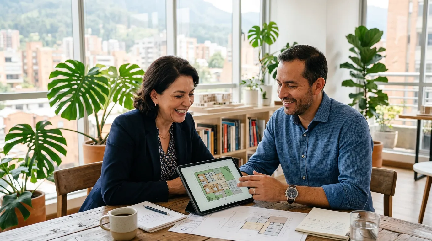 Asesor y empresaria revisando un plano en una tableta en una oficina luminosa