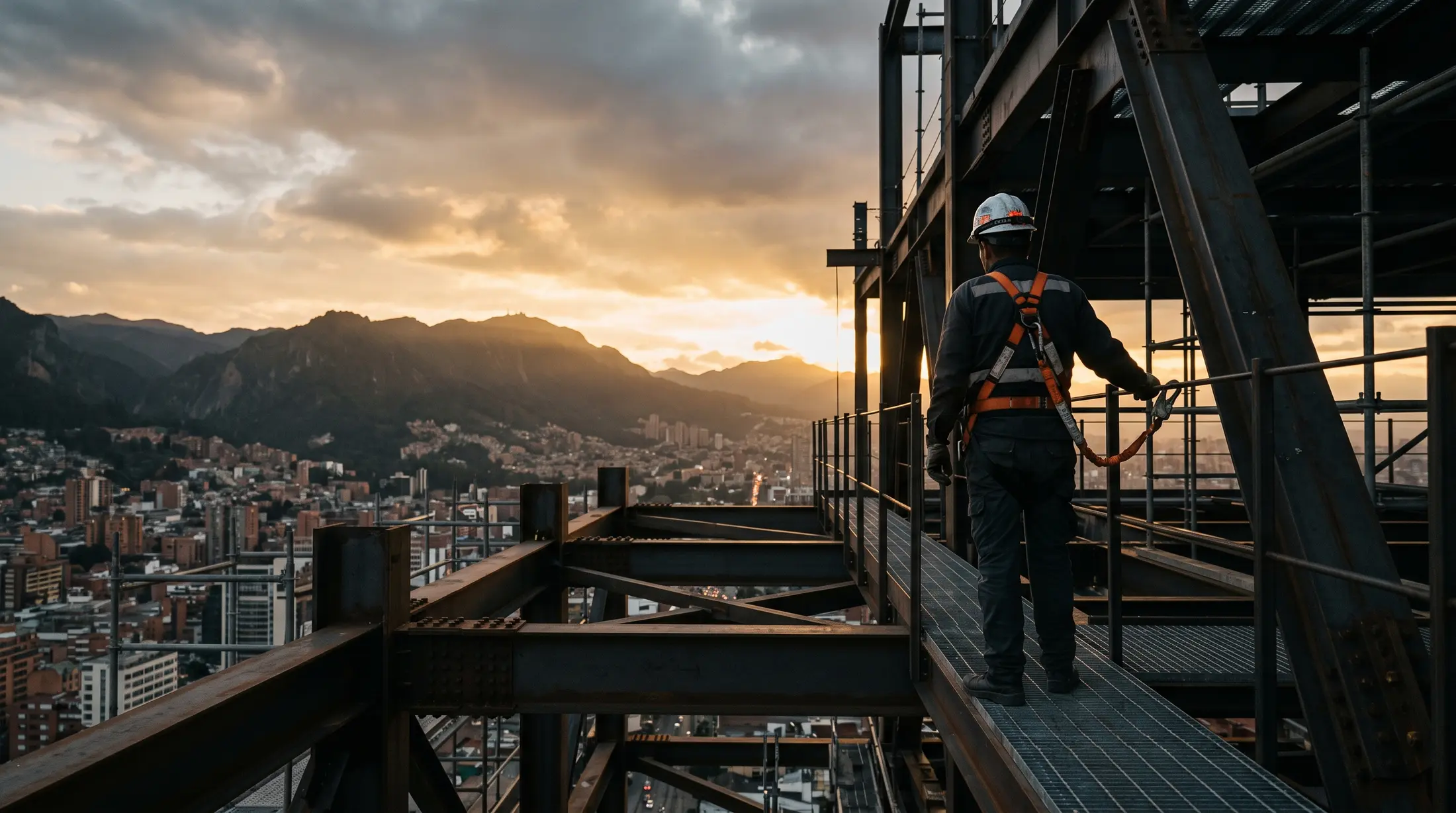 Trabajador con arnés en una estructura metálica sobre la ciudad