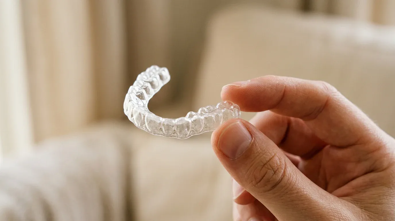 Mano sosteniendo un alineador dental transparente frente a un sofá claro.