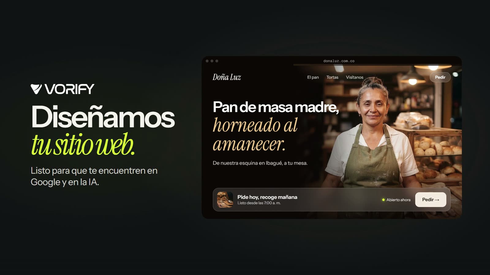 Sitio web de una panadería diseñado por VORIFY, conectado a Google, WhatsApp, redes y pedidos